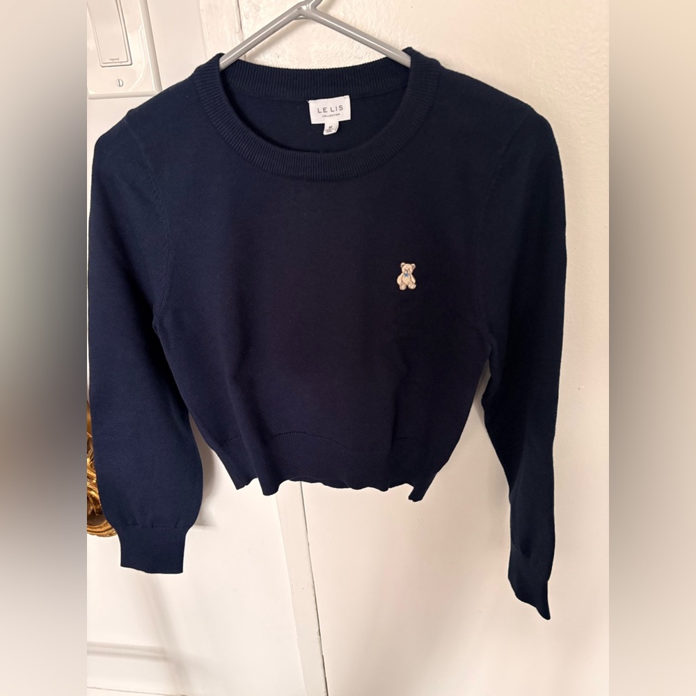 Le Lis Navy Cropped Crewneck Sweater with Teddy Embroidered Patch
